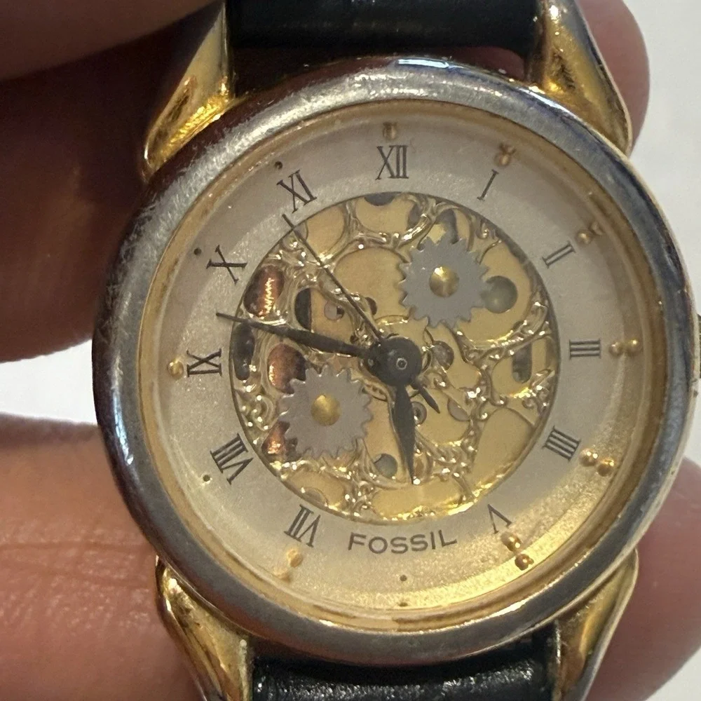 Vintage Fossil SK-3 Skeleton Dial Women's Watch Black Leather Quartz Japan